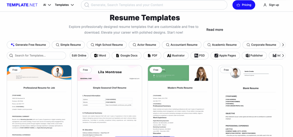 Resume templates from template.net