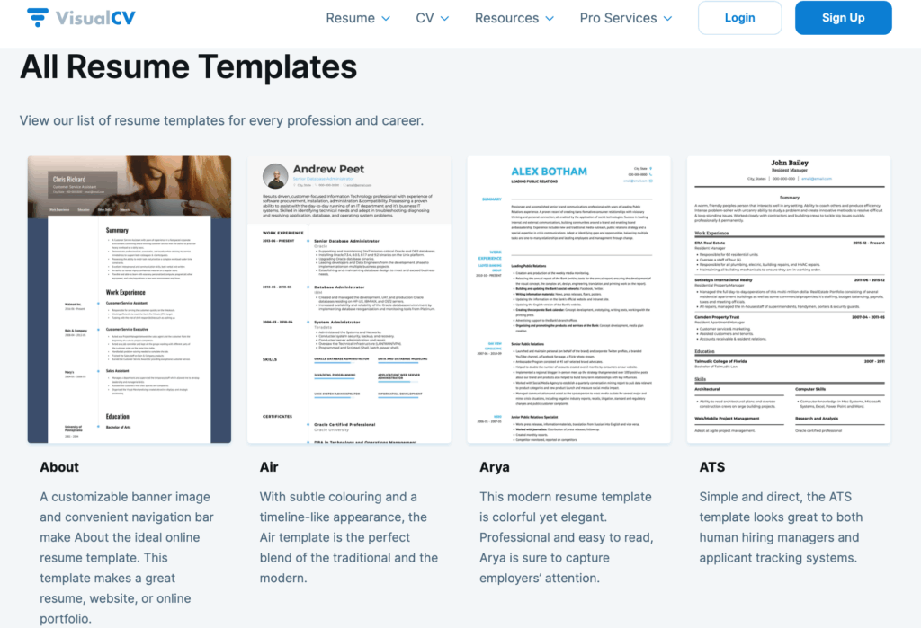 visualcv resume templates